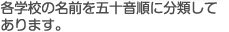 各学校の名前を五十音順に分類してあります。